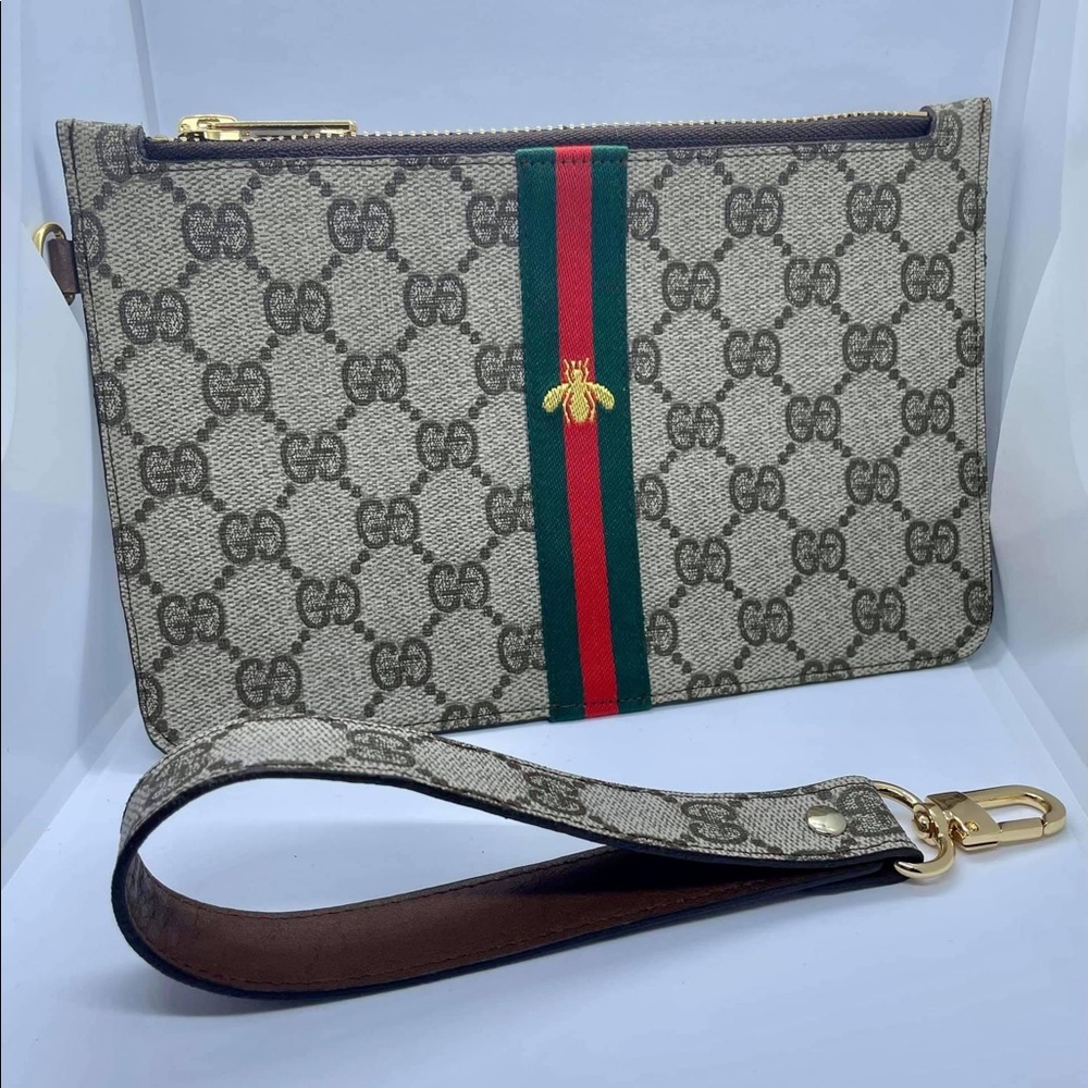 Upcycled GG wristlet and pouch